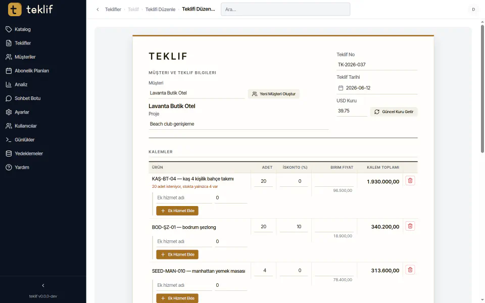 Teklif düzenleme ekranı, bir satırda '20 adet isteniyor, stokta yalnızca 4 var' uyarısı